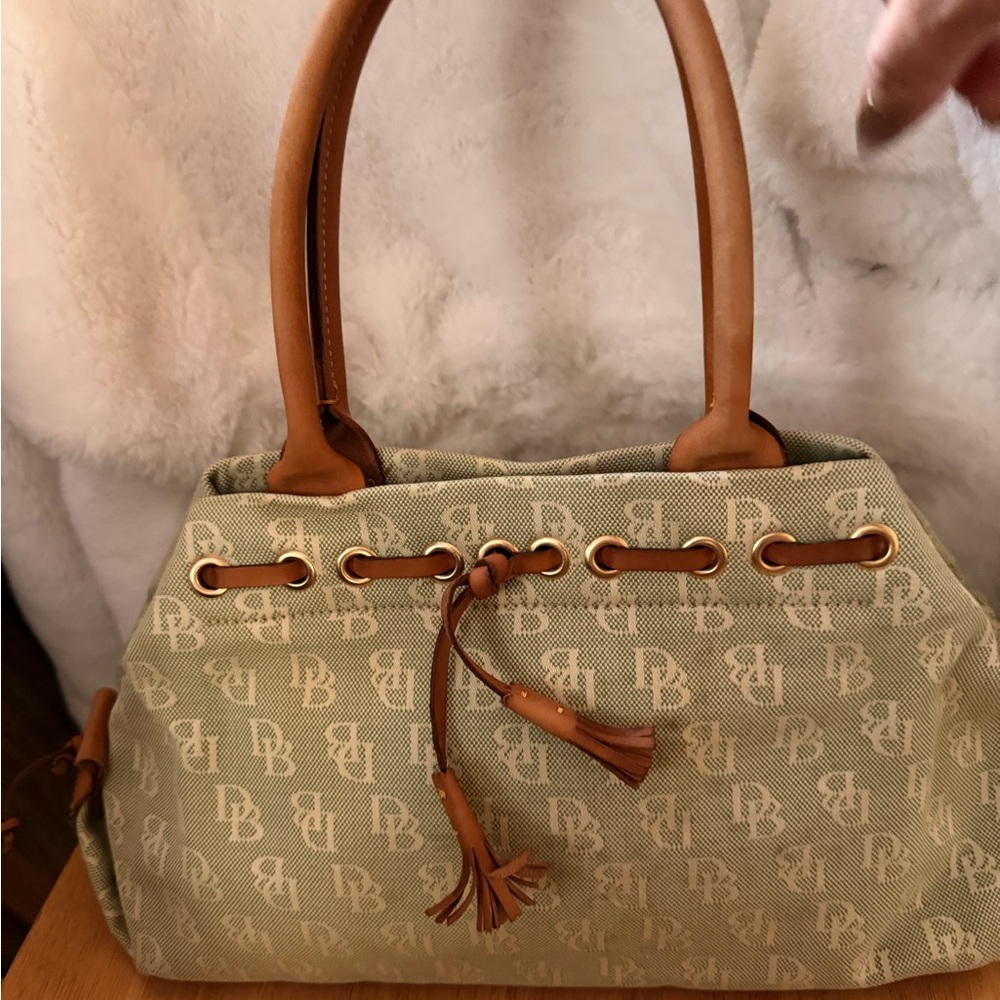 Dooney & Bourke Beige Logo Drawstring Tote with Tan Leather